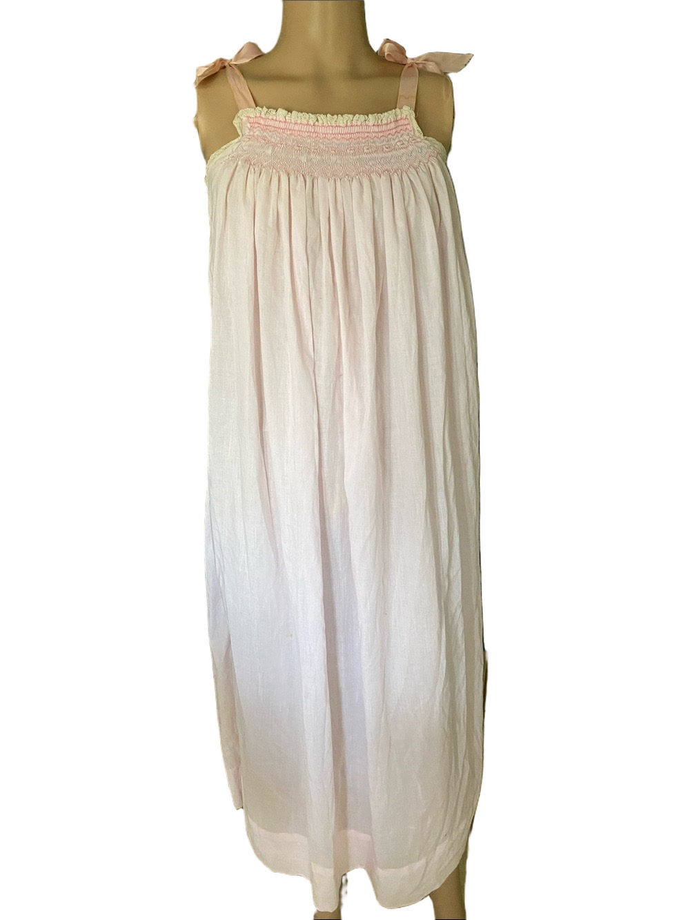 Light Pink vintage hand sewn Smocked Maxi Nightgown with Tie Shoulder Straps.